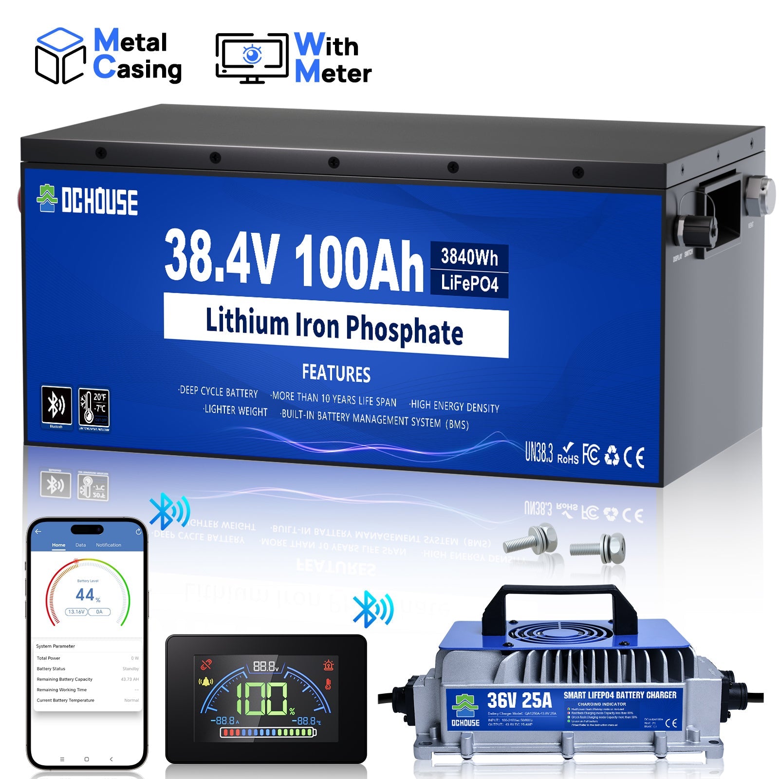 36V 100Ah Metal Case LiFePO4 Lithium Golf Cart Battery & Charger