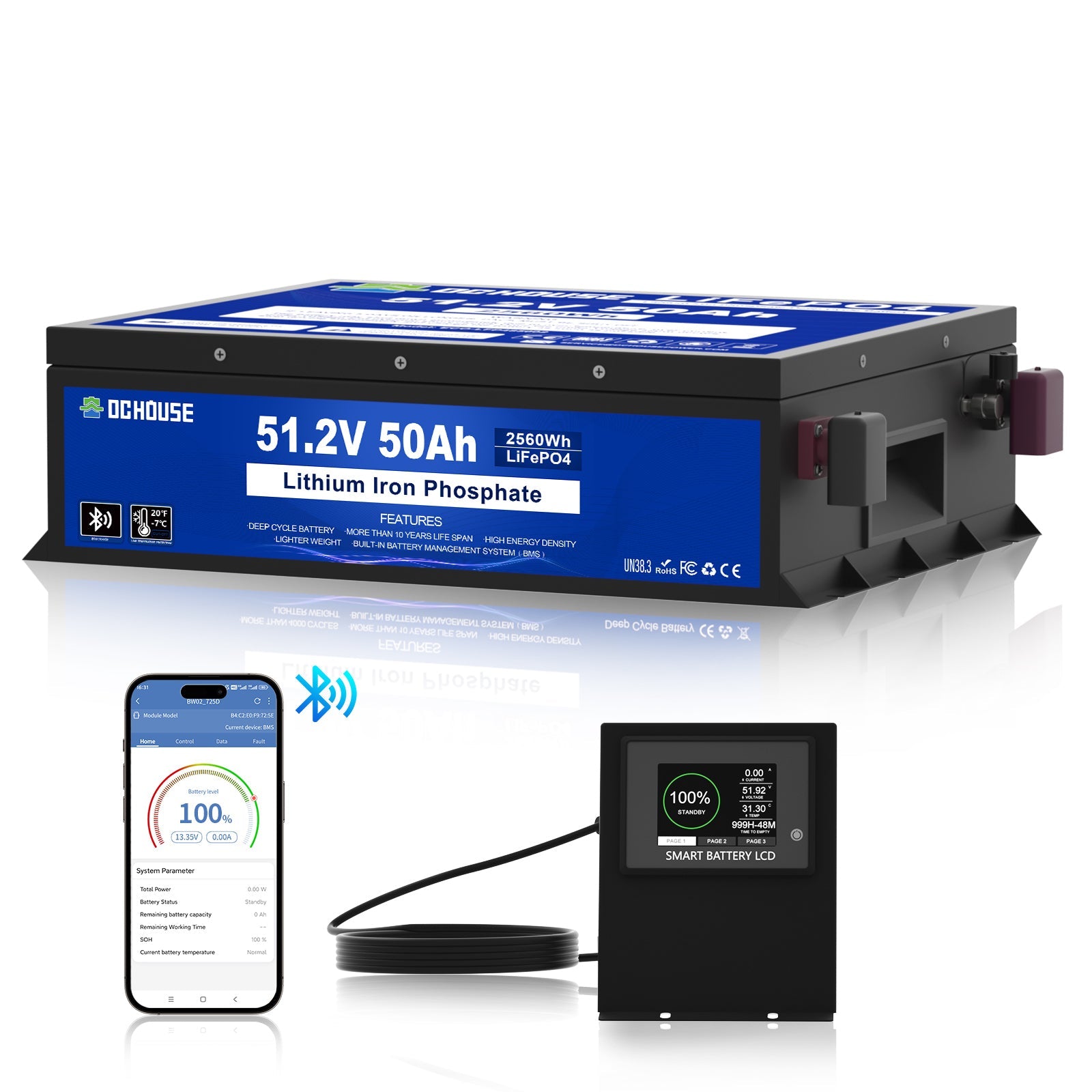 DC HOUSE Durable 48V 50Ah LiFePO4 Metal Case Battery - Bluetooth & Low Temp Protection for Golf Carts (No Charger)