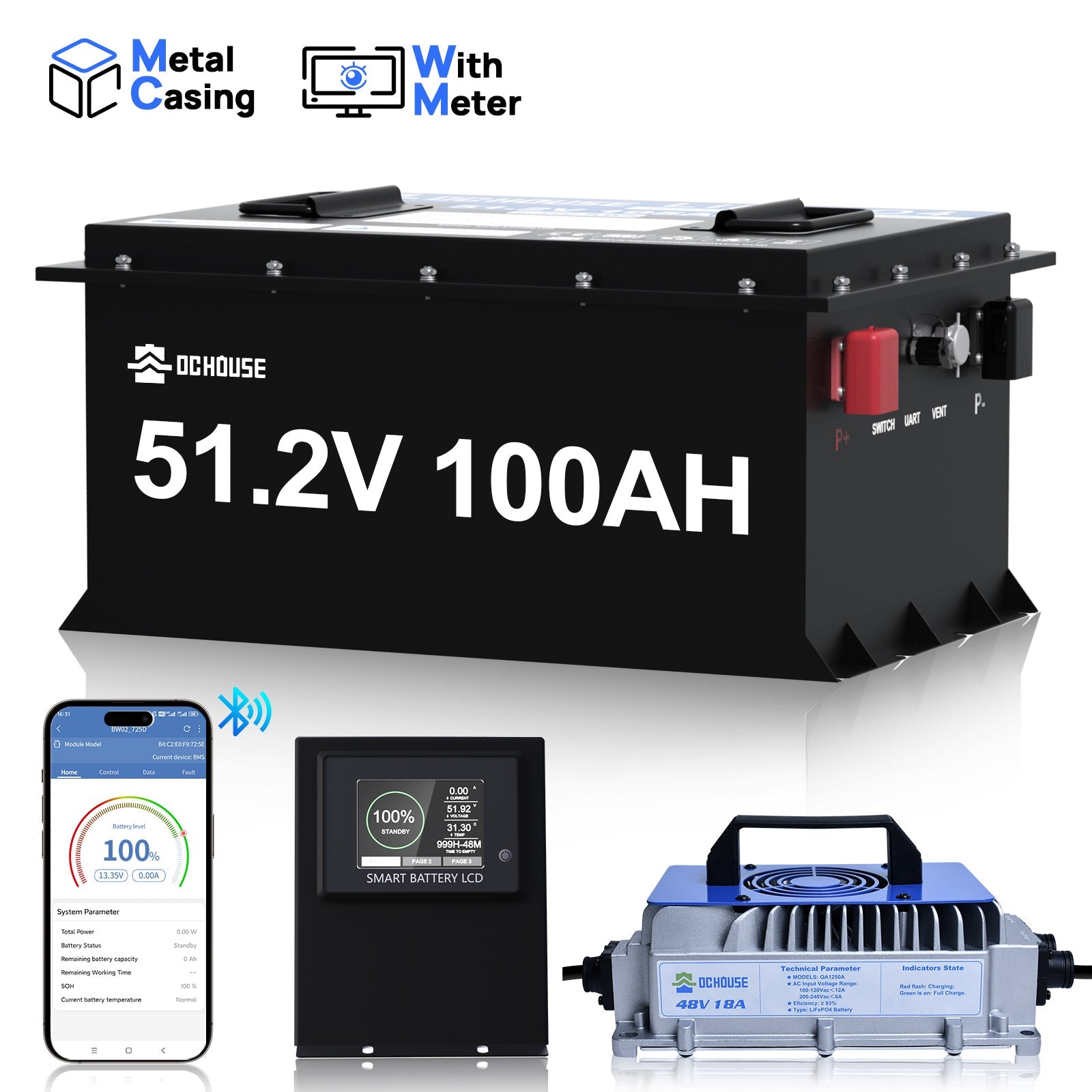 DC HOUSE 48V 100Ah lithium battery with mobile app control, LCD monitor and charger.