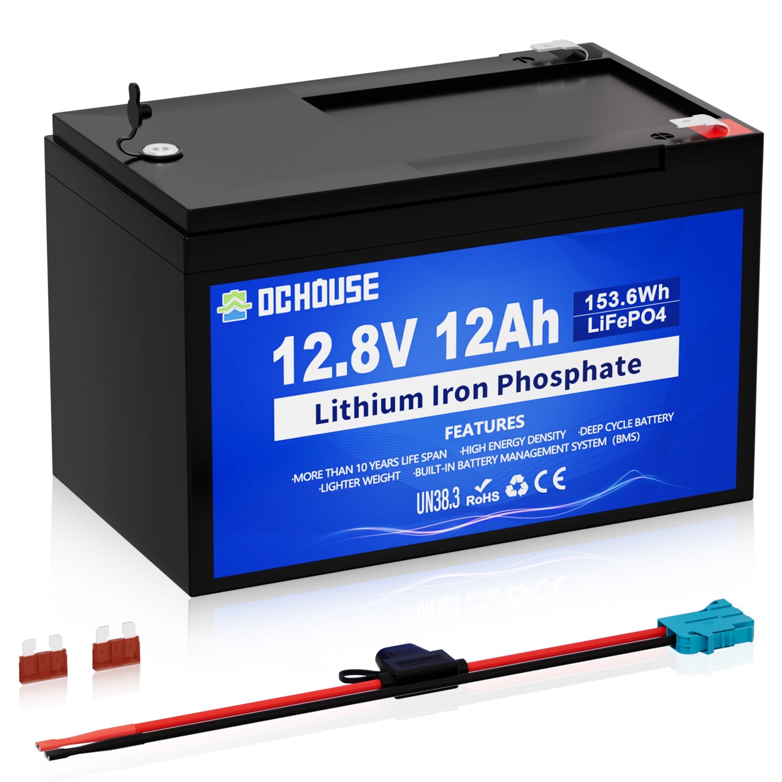 12V 12Ah Deep Cycle LiFePO4 Lithium Battery, with Fuse Harness & DC Port