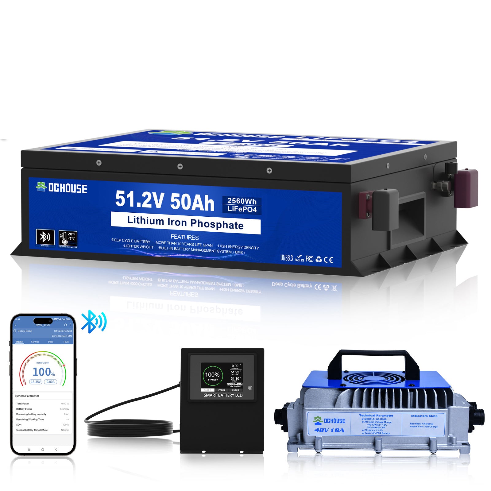 DC HOUSE Durable 48V 50Ah LiFePO4 Metal Case Battery with Charger - Bluetooth & Low Temp Protection for Golf Carts