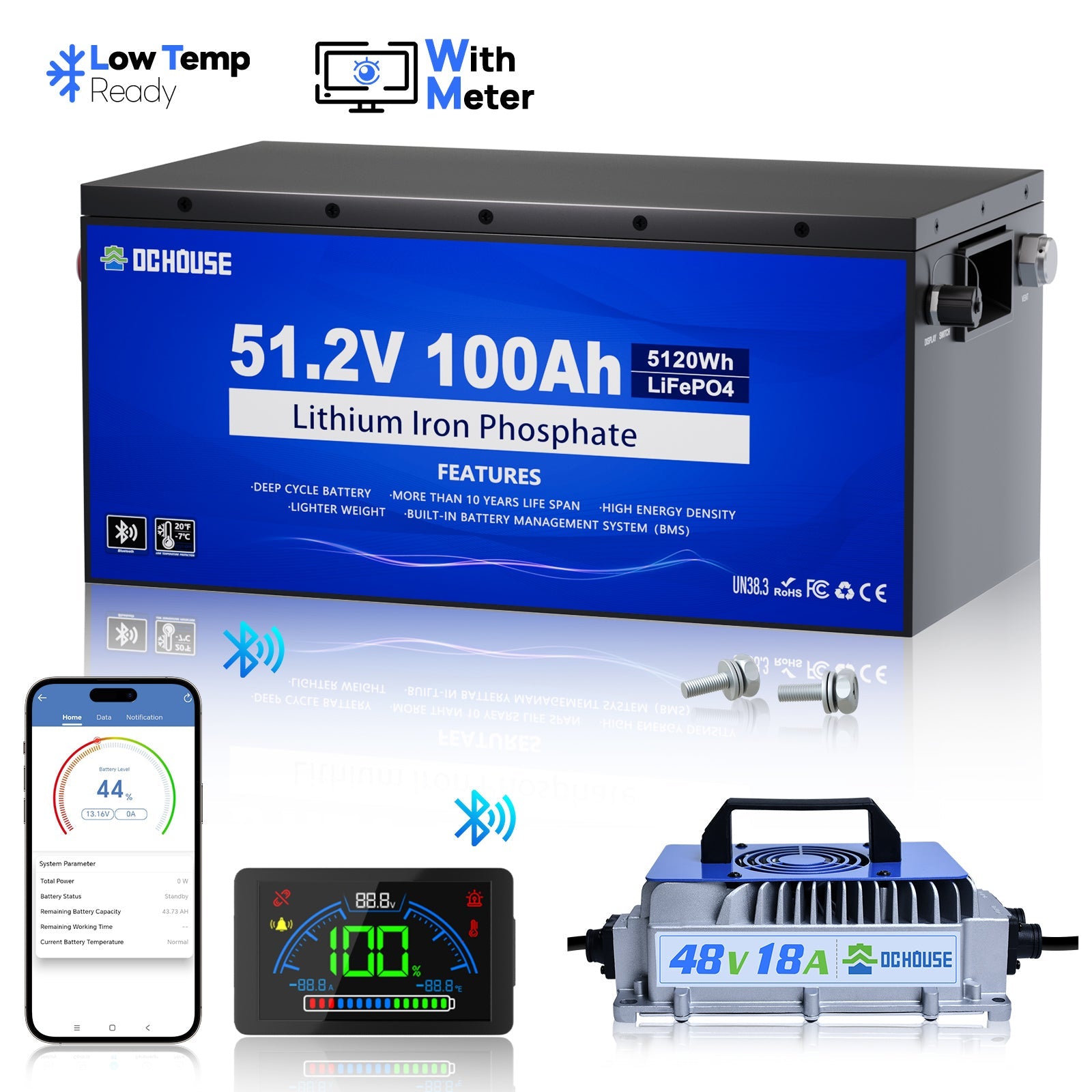 DC HOUSE 48V 100Ah LiFePO4 lithium battery with durable metal case, perfect for golf carts, with LCD power display