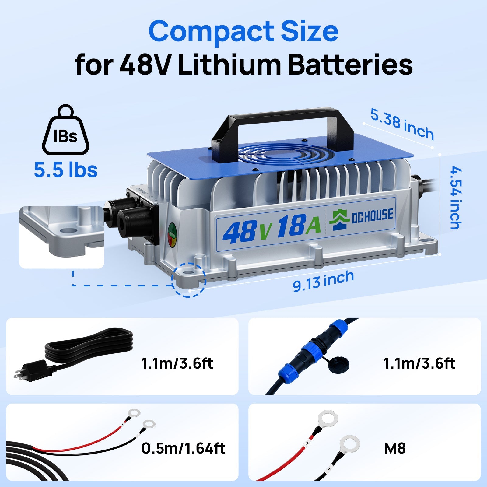 Portable lithium battery charger with small size and lightweight design.