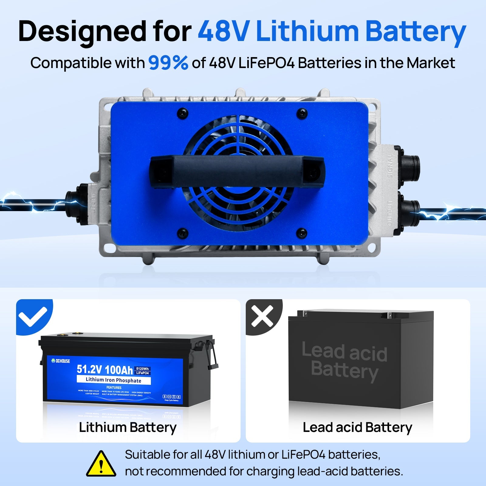 Specially designed lithium charger for 48V batteries, safe and efficient.